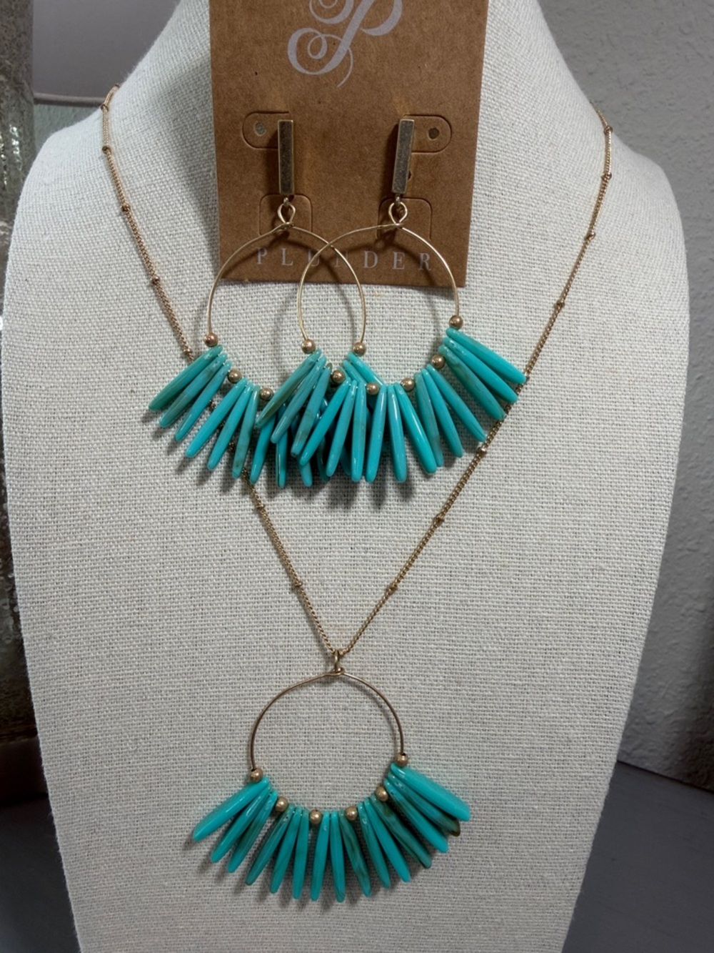 Plunder Faux Turquoise Spike Hoop Necklace & Earring Set - Gold Tone